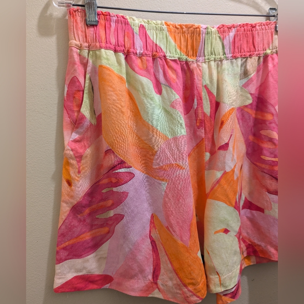 H&M Linen Blend Pull-On Shorts High Waist Pockets Pink Orange Leaf-Patterned- L - Picture 4 of 12